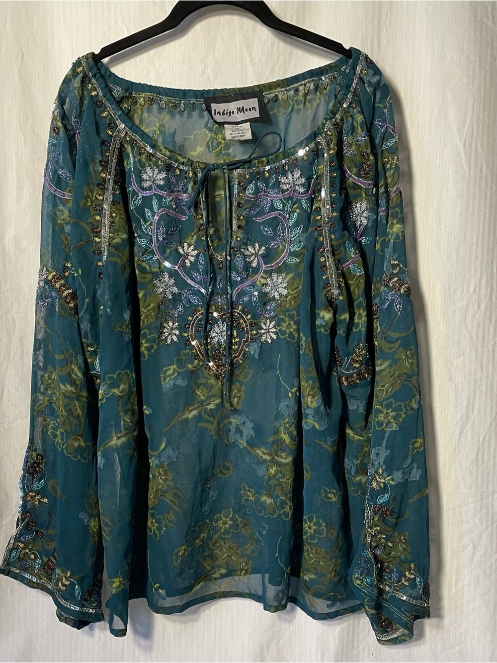 Indigo Moon Teal Embellished Floral Peasant Tunic